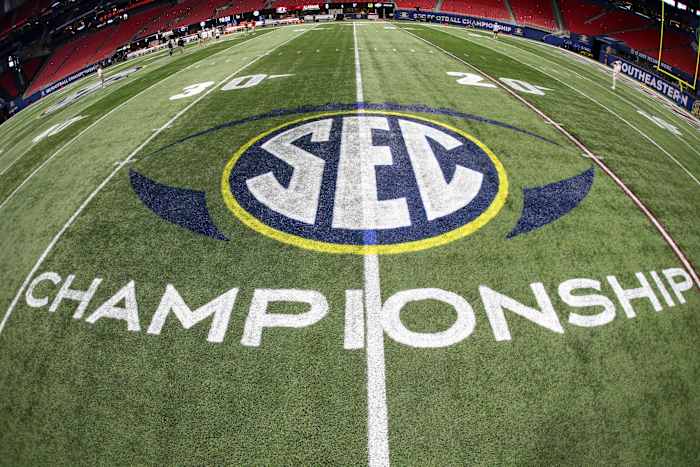 Dec 4, 2021; Atlanta, GA, USA; Detailed view of the SEC Championship logo on the field before the SEC championship game between the Georgia Bulldogs and Alabama Crimson Tide at Mercedes-Benz Stadium. Mandatory Credit: Brett Davis-USA TODAY Sports
